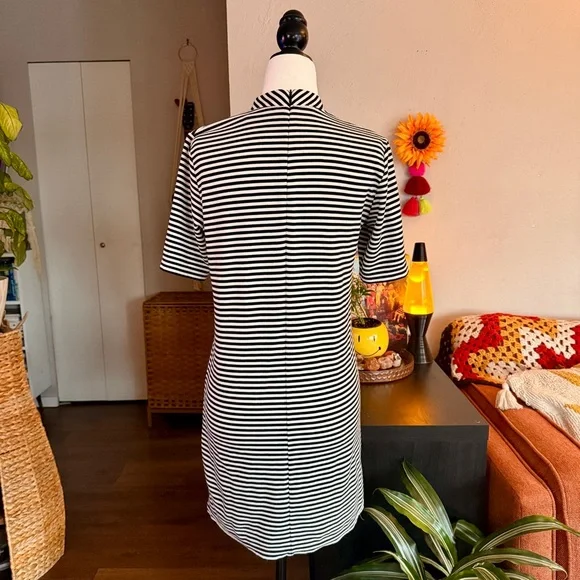 Striped Black and White Dress with Mock Neck Collar - Picture 4 of 9